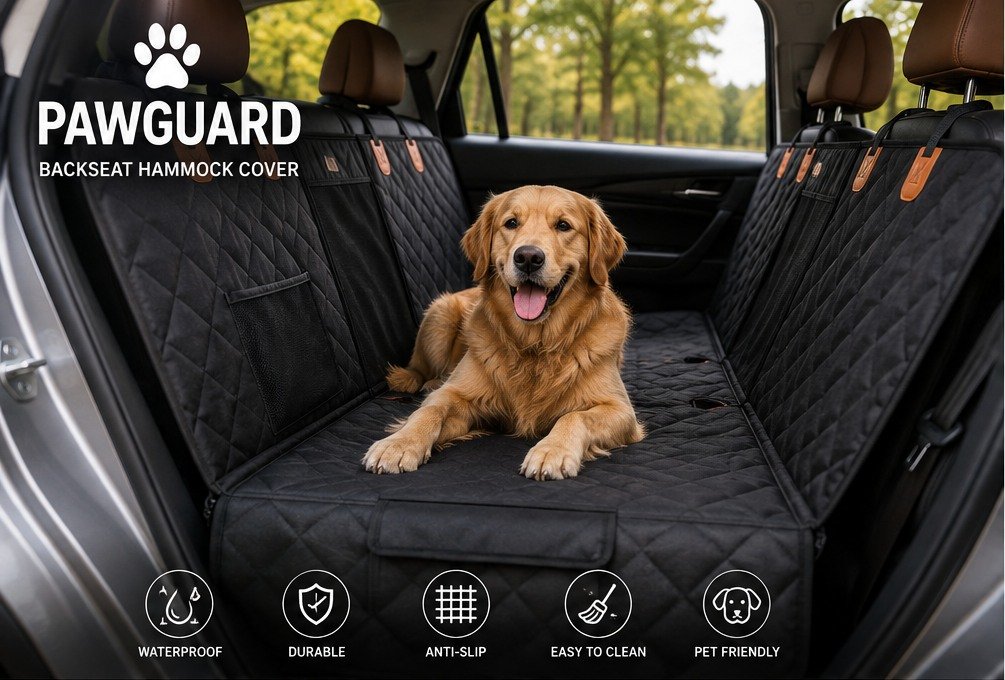 Golden retriever inside the PAWGUARD car hammock